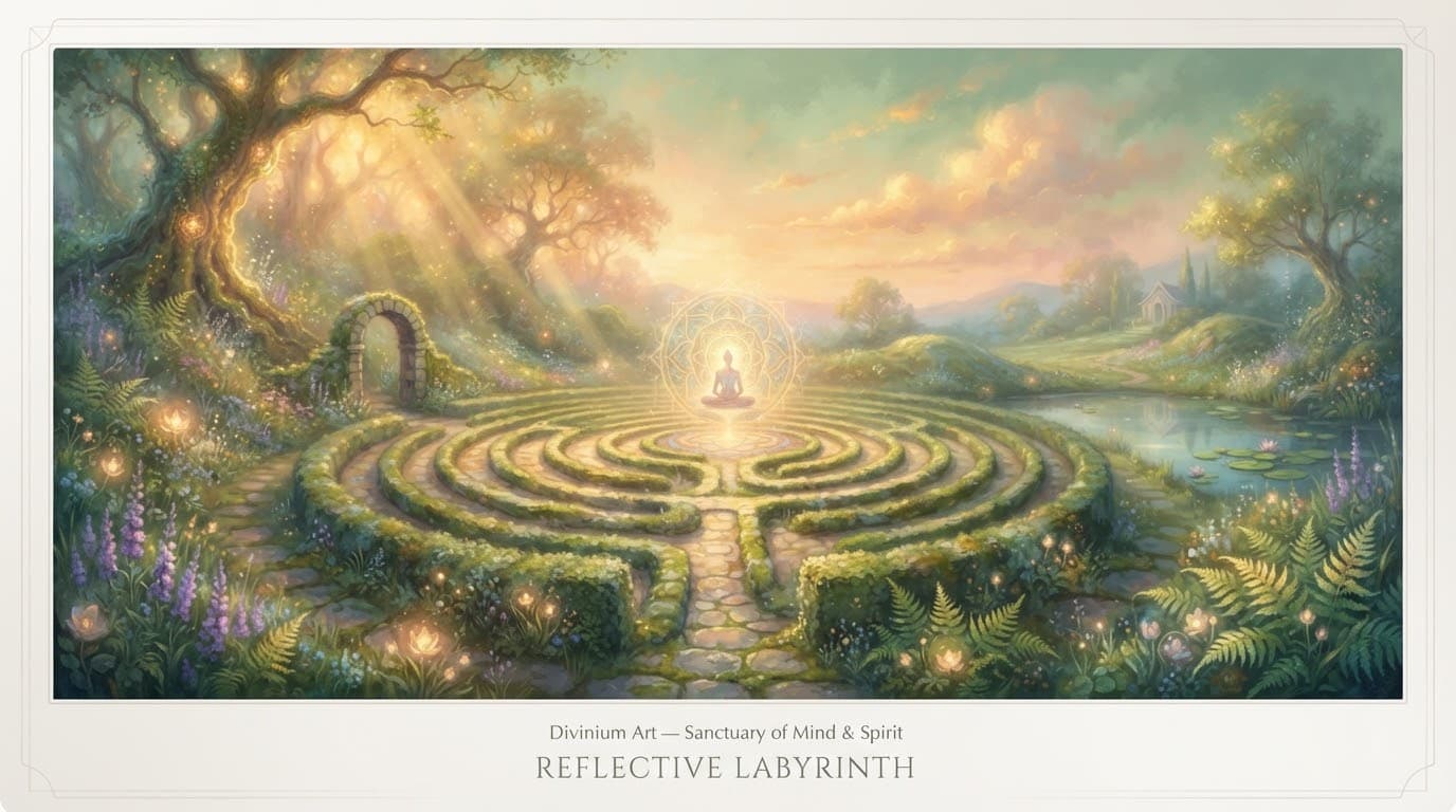 A labyrinth garden path lit by golden twilight rays, in sage green and warm amber.