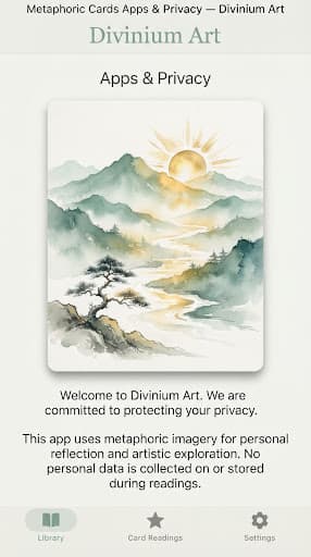 A tranquil dawn landscape in sage green and watercolour gold, the sun rising behind misty mountains.
