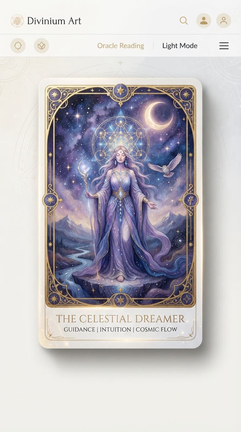 An oracle card painting of a starry night with a champagne-gold crescent moon and a sacred geometry halo, in lavender and deep indigo.