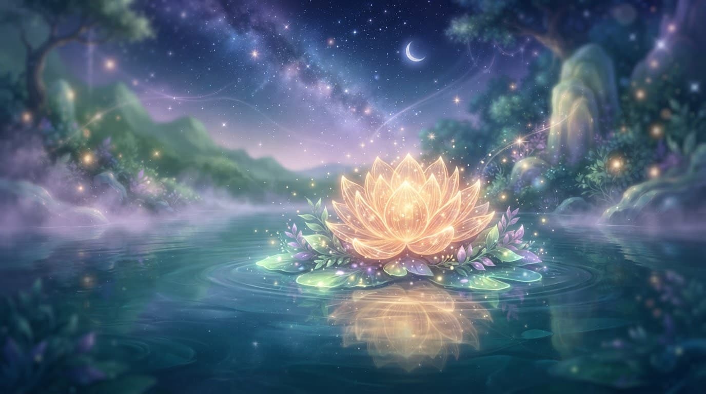 A luminous lotus flower floating on calm crystalline water beneath a starry twilight sky, lit in sage green, lavender mist, and warm golden light.