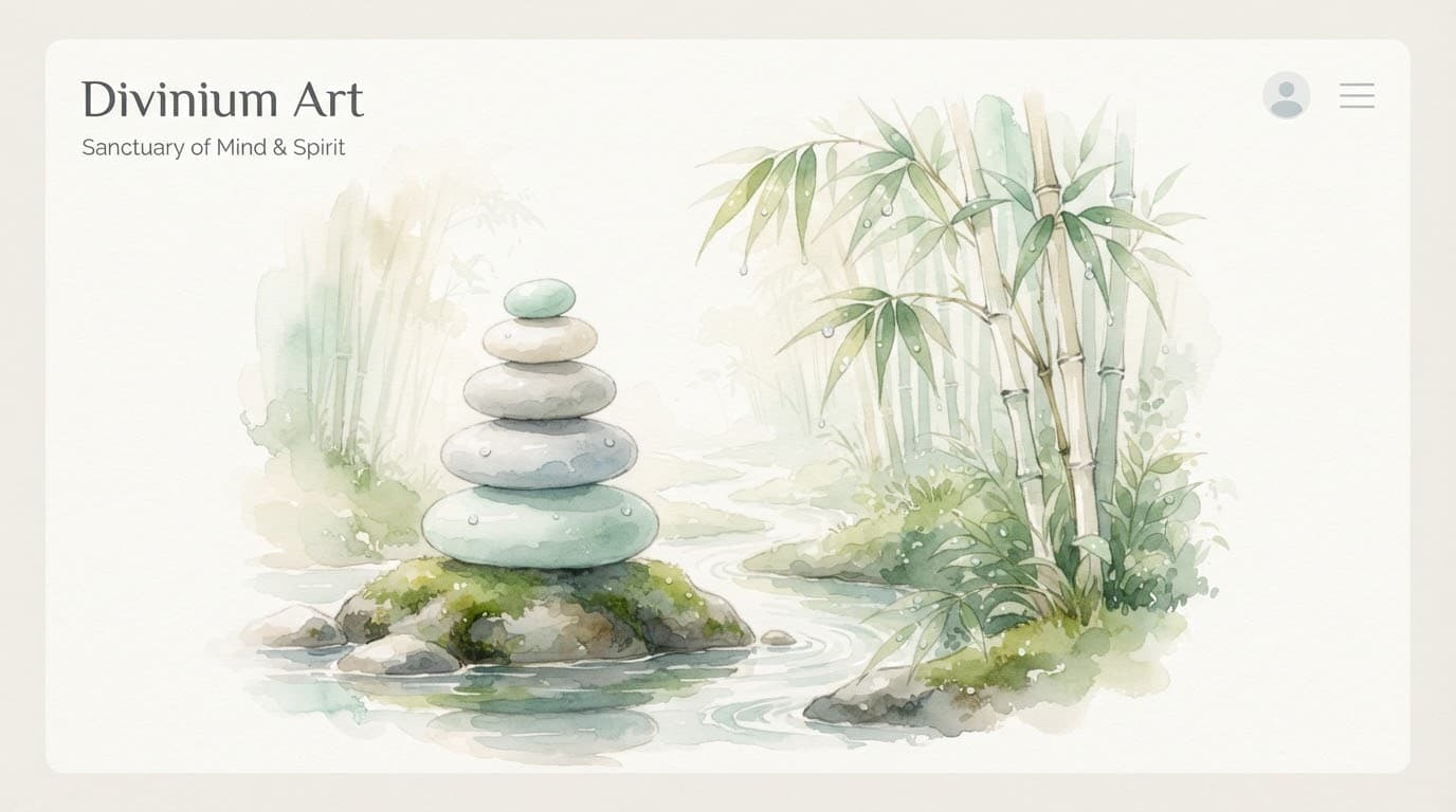 Balanced zen stones stacked beside a bamboo grove wet with morning dew, painted in pale mint and pearl tones.