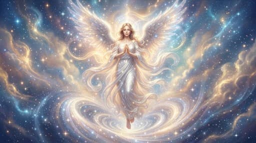 A guardian angel archetype emerging from celestial light waves, winged and draped in pearl white.