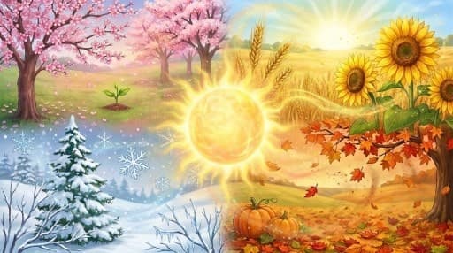 A wheel of the year quartered into spring blossom, summer sunlight, autumn russet, and winter frost.